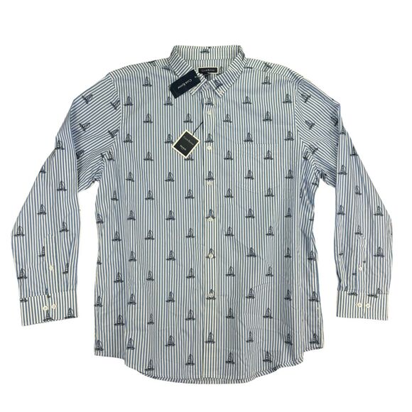 Club Room Mens Classic Fit Stripe Sailboat Poplin Button Down Shirt Blue 2XL - Picture 1 of 4